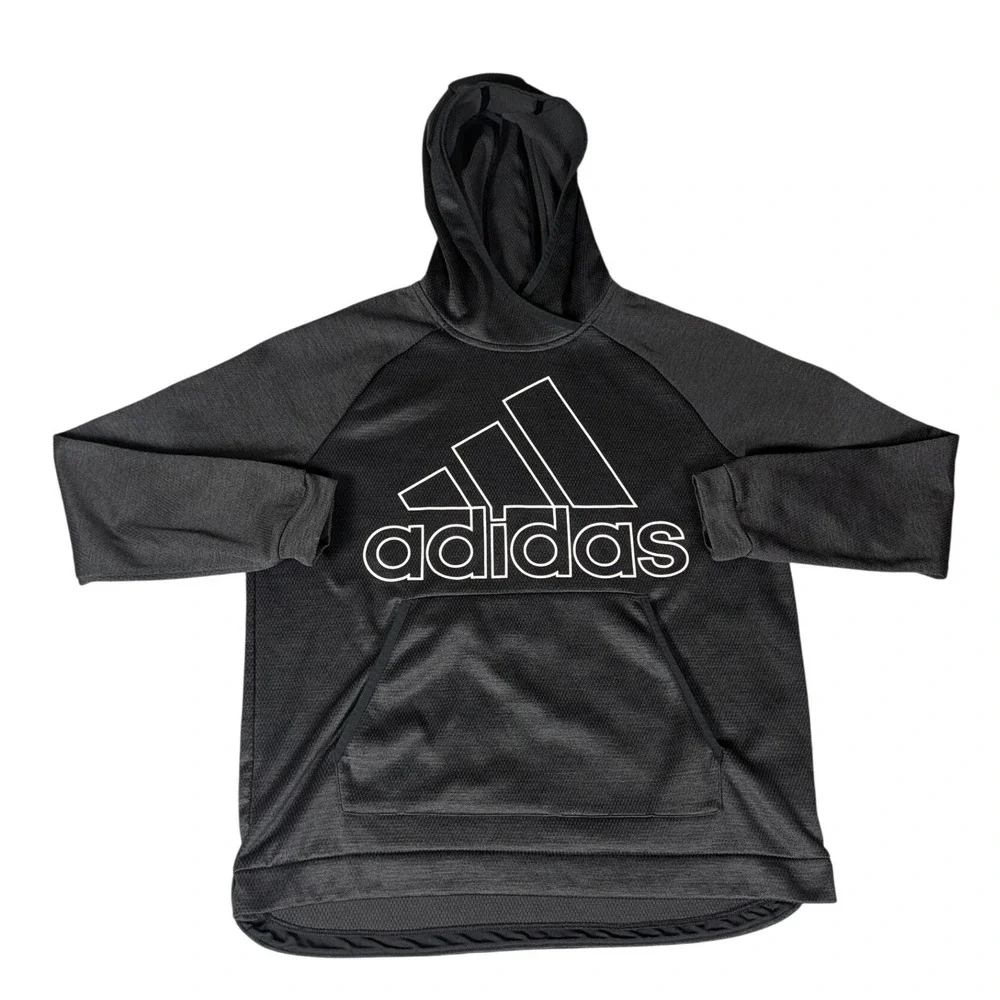 Adidas Mens Climalite Pullover Hoodie Black‎ White Logo Graphic Sweatshirt L